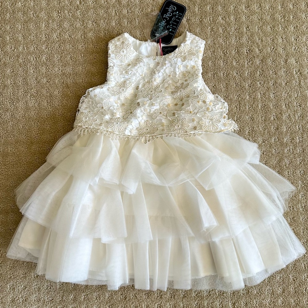 NWT Cynthia Rowley Girls’ Cream/Ivory And Gold Lace Overlay Tulle Dress, 3T
